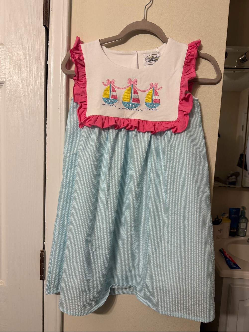 Girls' Light Blue Seersucker Sailboat Dress with Pink Ruffle